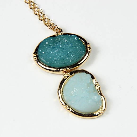 Long Double Druzy Pendant Necklace - Picture 2 of 4